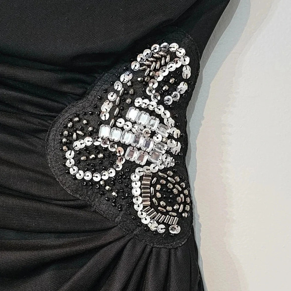Black Jeweled Elegant Evening Mini Dress with train attached - Picture 3 of 6